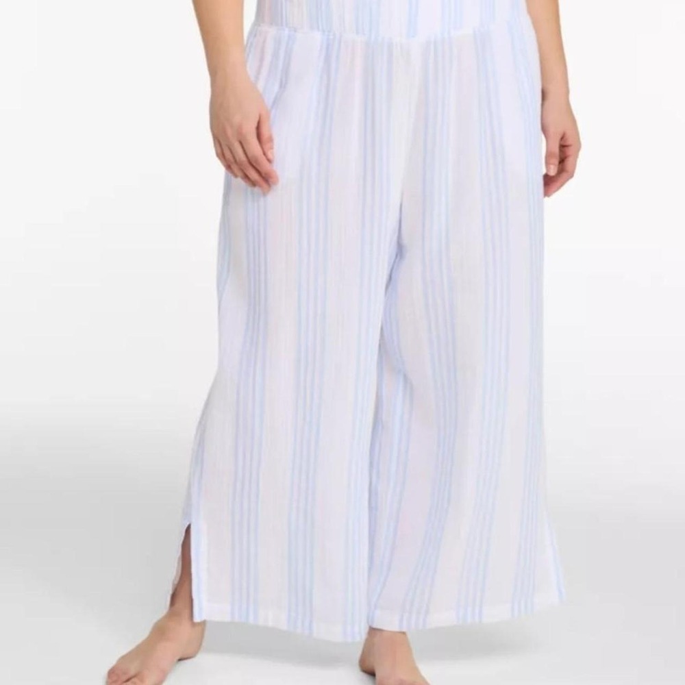 L.L. Bean Cloud Gauze Wide Leg Pants XL Blue White Stripe Lightweight Summer
